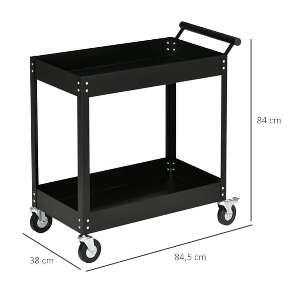 Verkstedvogn med 2 nivåer, tom verktøyvogn, transportvogn, sidehåndtak, 4 hjul, stål, opptil 150 kg lastekapasitet, 84,5 x 38 x 84 cm, sort