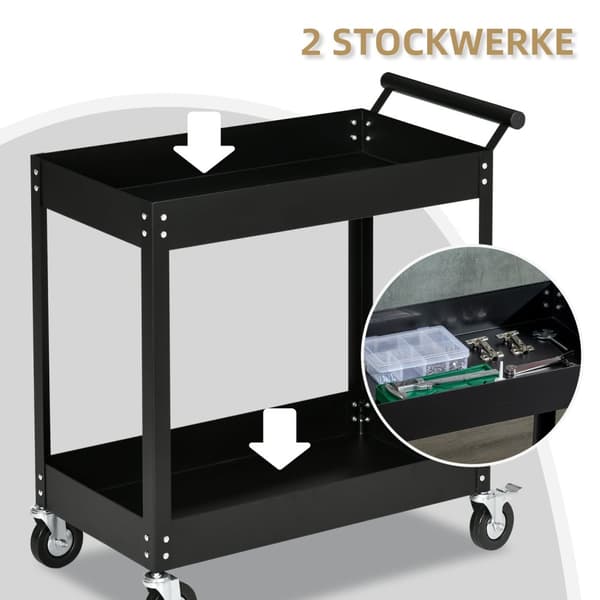 Verkstedvogn med 2 nivåer, tom verktøyvogn, transportvogn, sidehåndtak, 4 hjul, stål, opptil 150 kg lastekapasitet, 84,5 x 38 x 84 cm, sort