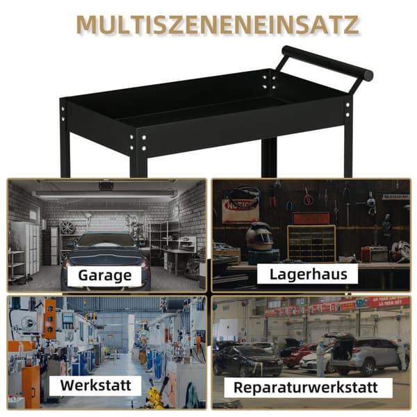Verkstedvogn med 2 nivåer, tom verktøyvogn, transportvogn, sidehåndtak, 4 hjul, stål, opptil 150 kg lastekapasitet, 84,5 x 38 x 84 cm, sort