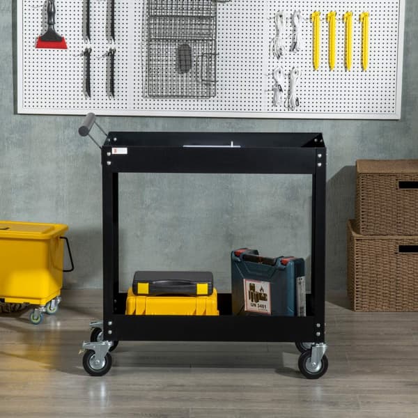 Verkstedvogn med 2 nivåer, tom verktøyvogn, transportvogn, sidehåndtak, 4 hjul, stål, opptil 150 kg lastekapasitet, 84,5 x 38 x 84 cm, sort