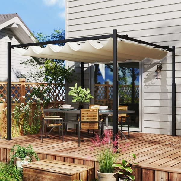Pergola ca 3x3m hagepaviljong, terrassetak av metall, hagepaviljong med justerbart tak, frittstående, UV-beskyttelse 30+, for terrasse og hage, kremhv
