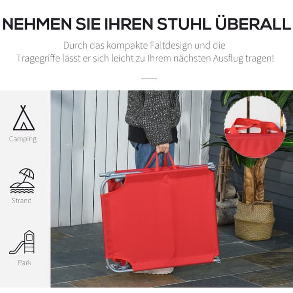 Taitettava aurinkotuoli monisäädettävällä selkänojalla, valmistettu metallista ja polyesterista punaisella