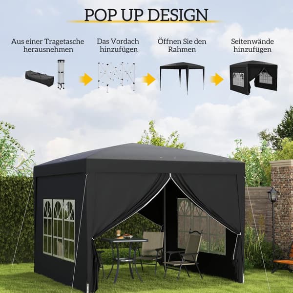 Lysthus ca 3x3m, vannavstøtende, stabilt, vintersikkert sammenleggbart lysthus, UV-beskyttelse 50+, sammenleggbart partytelt, hagetelt med 4 sidepanel