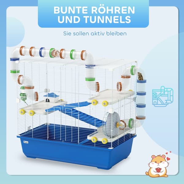 Hamsterbur for dverghamstere 4-lags gnagerbur Smådyrbur med hjulfôringsskål og tilbehør Stort musebur 78 x 45 x 73 cm Blå
