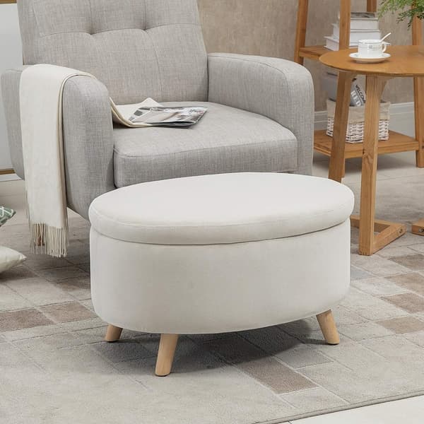 Benk med oppbevaringsplass, oval polstret benk med lokk, sengebenk med fløyelslook, til gang, soverom, stue, treben 71 x 51,5 x 42 cm beige