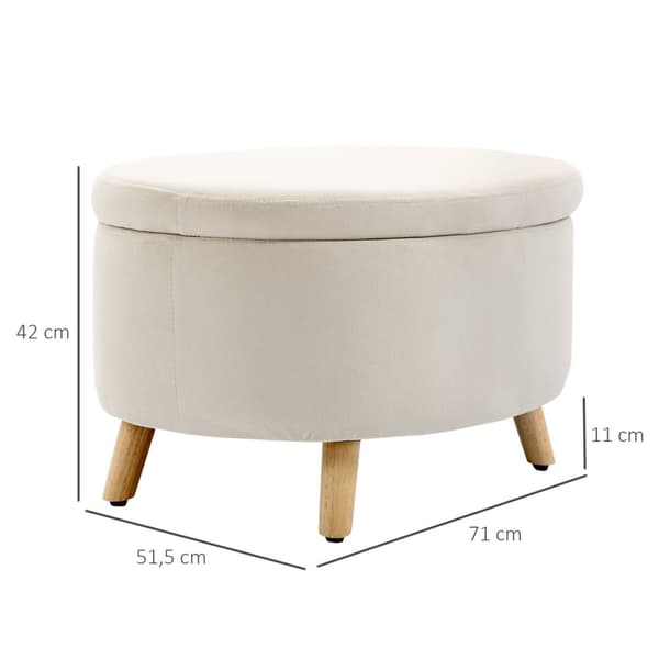 Benk med oppbevaringsplass, oval polstret benk med lokk, sengebenk med fløyelslook, til gang, soverom, stue, treben 71 x 51,5 x 42 cm beige