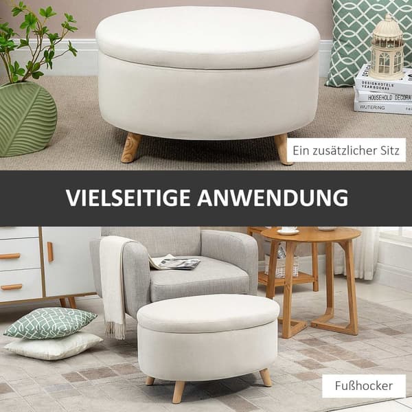 Benk med oppbevaringsplass, oval polstret benk med lokk, sengebenk med fløyelslook, til gang, soverom, stue, treben 71 x 51,5 x 42 cm beige
