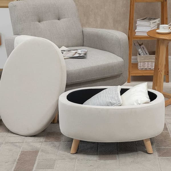 Benk med oppbevaringsplass, oval polstret benk med lokk, sengebenk med fløyelslook, til gang, soverom, stue, treben 71 x 51,5 x 42 cm beige