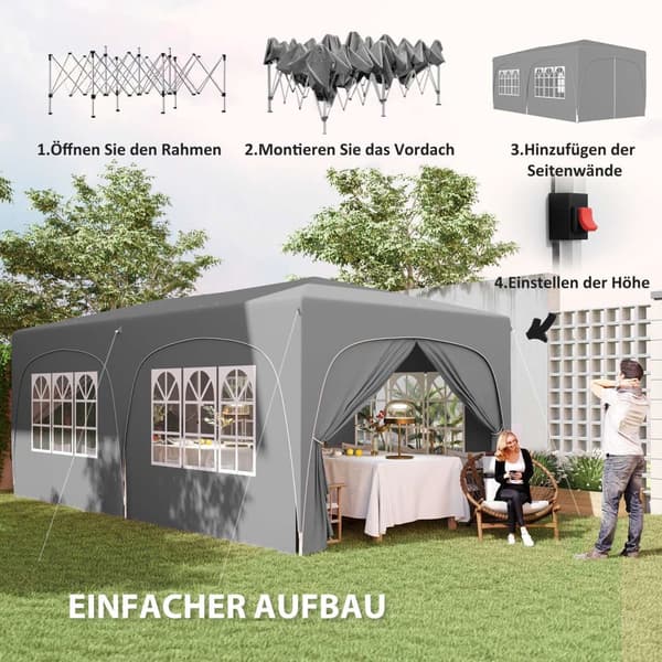 Lusthus ca 3x6m, vattenavvisande, stabilt, vintersäkert hopfällbart lusthus, UV-skydd 50+, hopfällbart partytält, trädgårdstält med 6 sidopaneler, poc