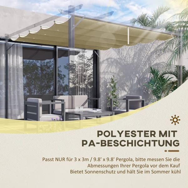 Ersättningstak för 3x3 m pergola, vattentät infällbart vågtak med regndräneringshål, vintertätt skärmskydd för trädgård, uteplats, beige