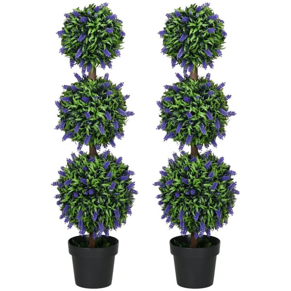 Set med 2 konstgjorda lavendelträd stora 110 cm konstgjorda växter, konstgjorda plastväxter i kruka, UV-beständiga konstgjorda blommor med 3 bollar fö