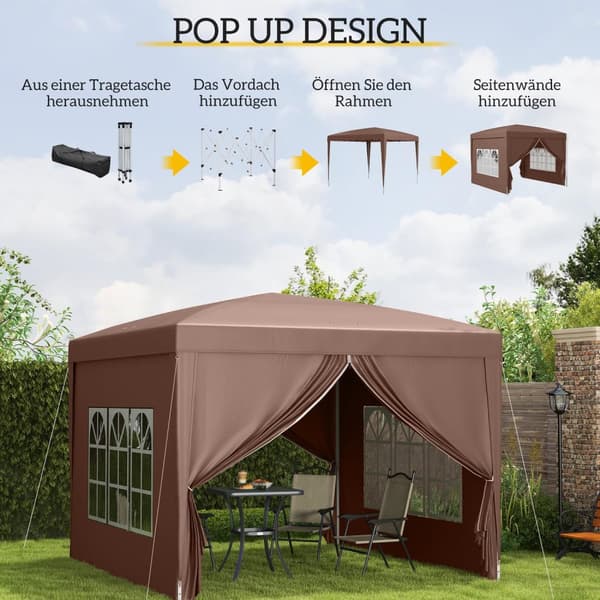 Lysthus ca 3x3m, vannavstøtende, stabilt, vintersikkert sammenleggbart lysthus, UV-beskyttelse 50+, sammenleggbart partytelt, hagetelt med 4 sidepanel