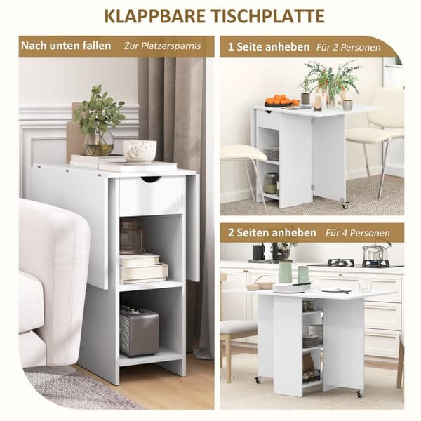 Fällbart matbord, mobilt köksbord för 2-4 personer med öppna hyllor, 1 låda, fällbord för små rum, matsal 114,5 x 70 x 75 cm, vit
