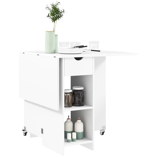 Fällbart matbord, mobilt köksbord för 2-4 personer med öppna hyllor, 1 låda, fällbord för små rum, matsal 114,5 x 70 x 75 cm, vit