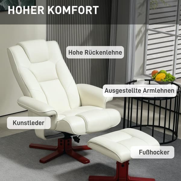 Avslappingsstol med krakk, TV-stol med liggefunksjon, vippefunksjon, polstret hvilestol med justerbar rygg, opptil 150 kg, til stue, kunstskinn, kremh