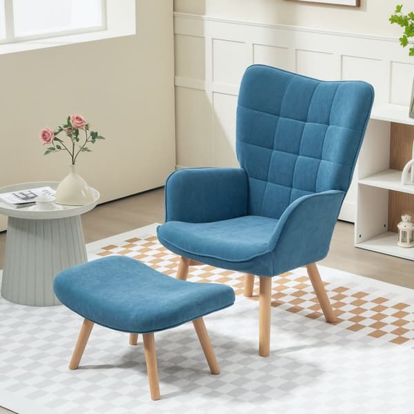 Lenestol med krakk, høy rygg Wing Chair, treben, Tufted Design Corduroy Look Lounge Chair for Living Room, Blå