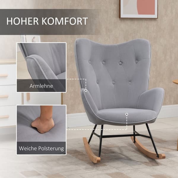 Gyngestol, ergonomisk gyngestol, lenestol, ammestol med fløyelslook, gyngestol kan holde opptil 150 kg, til soverom, stue, lys grå