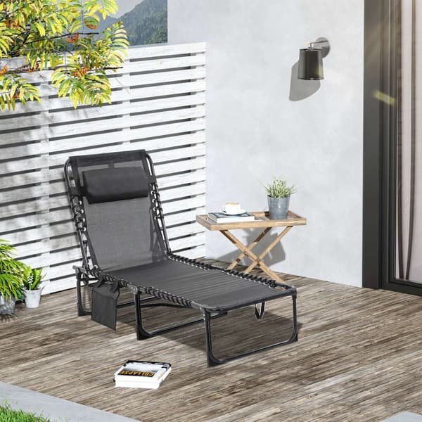 Sjeselong sammenleggbar solseng fluktstol med justerbar rygg 5 posisjoner avtagbar hodestøtte sidelomme tekstiltrekk stålramme 185 x 58 x 30 cm svart