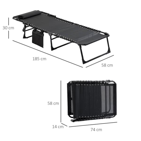 Sjeselong sammenleggbar solseng fluktstol med justerbar rygg 5 posisjoner avtagbar hodestøtte sidelomme tekstiltrekk stålramme 185 x 58 x 30 cm svart