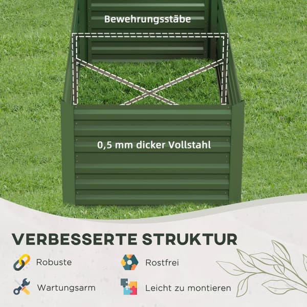 Høybed av stål, plantebed, kaldramme, hagebed, blomsterkasse, pluggbar, plantekasse, plantepotte, 180 x 90 x 60 cm for hage, balkong, terrasse, grønns