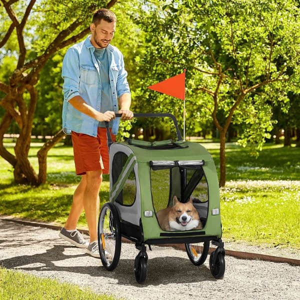 2-i-1 hundehenger & hundevogn, hundesykkelhenger, hundevogn med reflekser for mellomstore hunder opptil 20 kg, Oxford-stoff, grønn