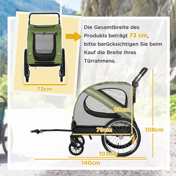 2-i-1 hundehenger & hundevogn, hundesykkelhenger, hundevogn med reflekser for mellomstore hunder opptil 20 kg, Oxford-stoff, grønn