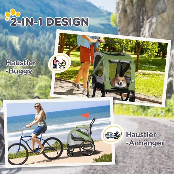 2-i-1 hundehenger & hundevogn, hundesykkelhenger, hundevogn med reflekser for mellomstore hunder opptil 20 kg, Oxford-stoff, grønn
