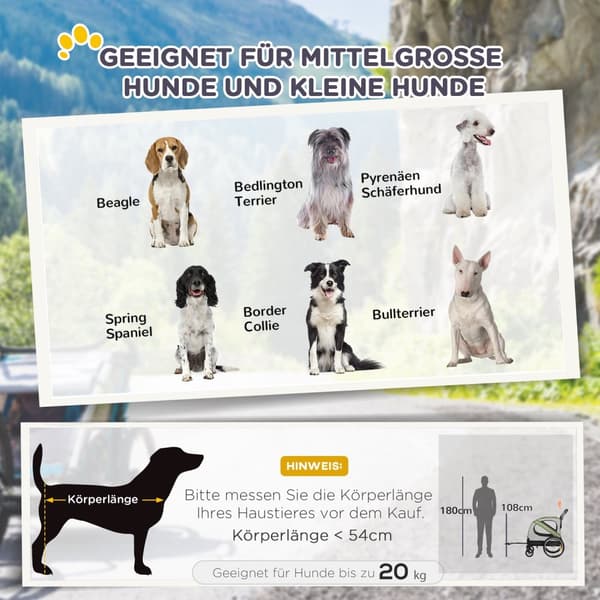 2-i-1 hundehenger & hundevogn, hundesykkelhenger, hundevogn med reflekser for mellomstore hunder opptil 20 kg, Oxford-stoff, grønn