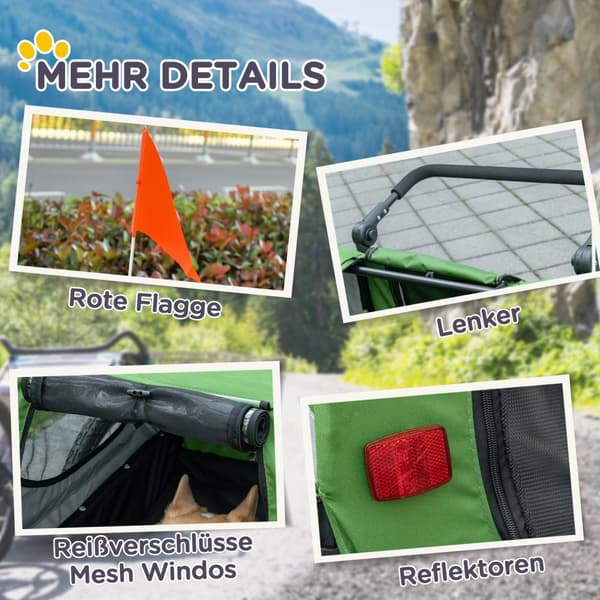 2-i-1 hundehenger & hundevogn, hundesykkelhenger, hundevogn med reflekser for mellomstore hunder opptil 20 kg, Oxford-stoff, grønn