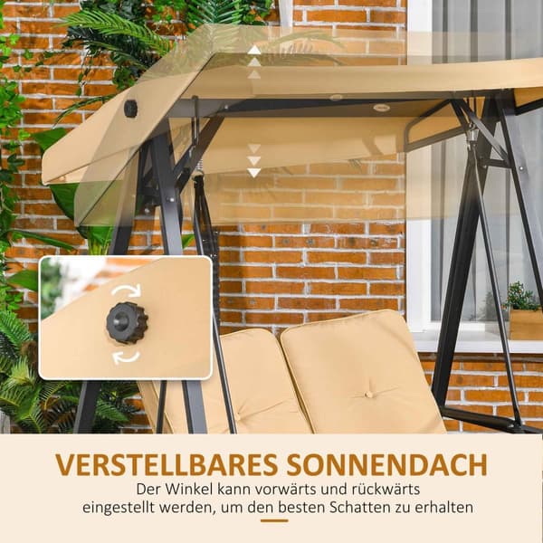 Outsuuny Hollywood swing 3-seters hagehuske med justerbar solseil, huskebenkbelastning opptil 220 kg, hageseng for hage, terrasse, 138 x 106 x 174 cm,