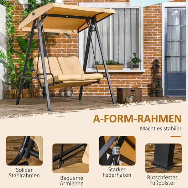 Outsuuny Hollywood swing 3-seters hagehuske med justerbar solseil, huskebenkbelastning opptil 220 kg, hageseng for hage, terrasse, 138 x 106 x 174 cm,