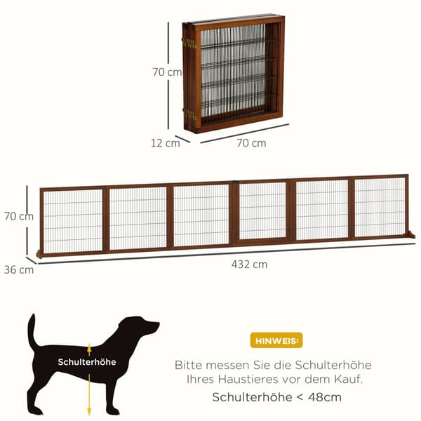 Hundspärrport, 6 delar, 432 x 70 cm, vikbar dörrgrind med 2 stödfötter, Fristående hundgrind, trappgrind för medelstora hundar, för hall, trappor, kaf