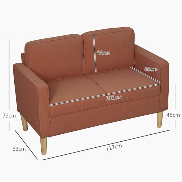 Soffa 2-sits liten soffa med armstöd, förvaringsutrymme, modern stoppad soffa med sladdlook, träben, kuddar, loungesoffa för vardagsrum, sovrum, 117 x