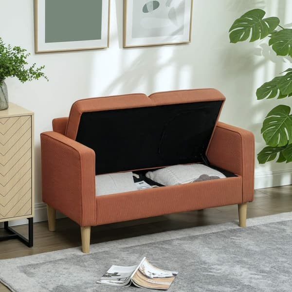 Soffa 2-sits liten soffa med armstöd, förvaringsutrymme, modern stoppad soffa med sladdlook, träben, kuddar, loungesoffa för vardagsrum, sovrum, 117 x