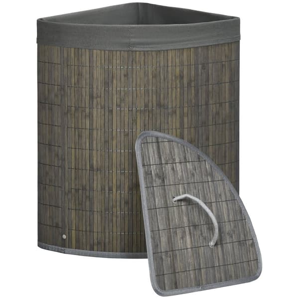 Neliön muotoinen bambu pyykkikori 55L kannella ja irrotettava pussi 38 x 38 x 57 cm Harmaa