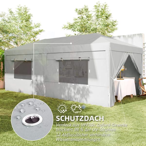 Lysthus ca 3x6m, vannavvisende, stabilt, vintersikkert sammenleggbart lysthus, UV-beskyttelse 50+, sammenleggbart partytelt, hagetelt med 6 sidepanele