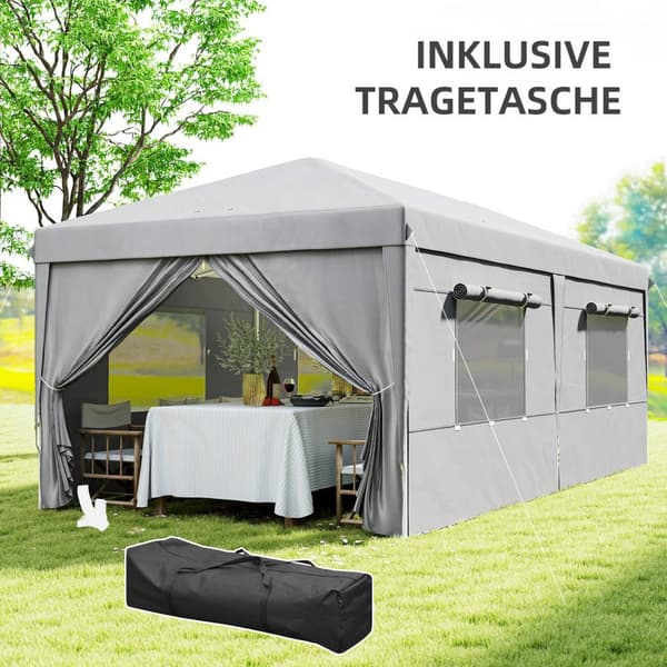 Lysthus ca 3x6m, vannavvisende, stabilt, vintersikkert sammenleggbart lysthus, UV-beskyttelse 50+, sammenleggbart partytelt, hagetelt med 6 sidepanele