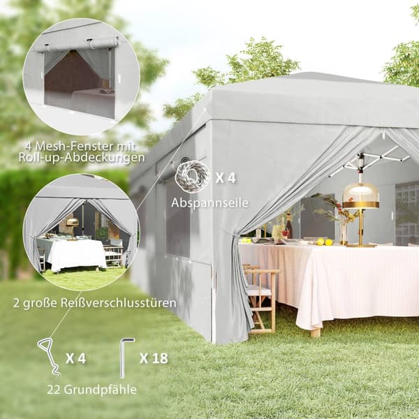 Lysthus ca 3x6m, vannavvisende, stabilt, vintersikkert sammenleggbart lysthus, UV-beskyttelse 50+, sammenleggbart partytelt, hagetelt med 6 sidepanele