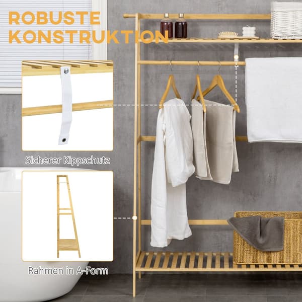 Vaateteline, jossa 2 hyllyä, 2 koukkua ja 1 vaatetanko bambusta - mitat 114L x 40L x 139K cm luonnonpuuta