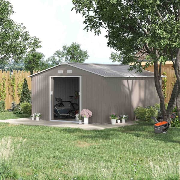 Redskapsbod 12,4 m², hagebod med luketak, skyvedør, fundament, 340 x 386 x 200 cm, redskapsbod av galvanisert stål, værbestandig, for hage, koksgrå