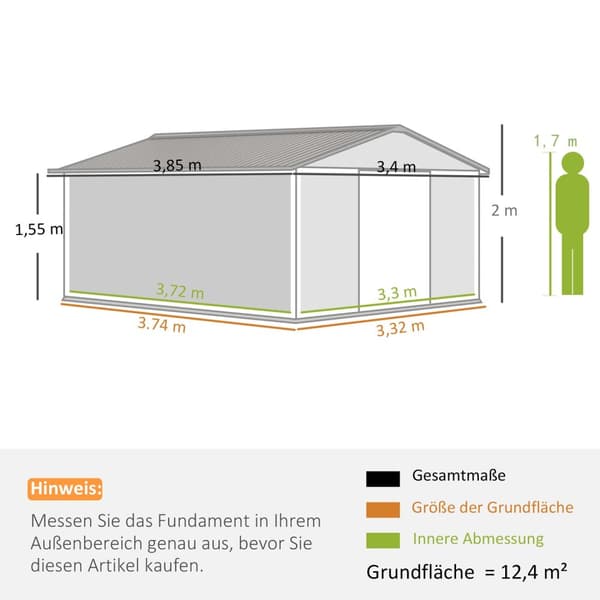 Redskapsbod 12,4 m², hagebod med luketak, skyvedør, fundament, 340 x 386 x 200 cm, redskapsbod av galvanisert stål, værbestandig, for hage, koksgrå