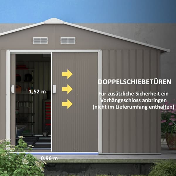 Redskapsbod 12,4 m², hagebod med luketak, skyvedør, fundament, 340 x 386 x 200 cm, redskapsbod av galvanisert stål, værbestandig, for hage, koksgrå