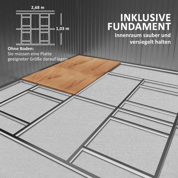 Redskapsbod 12,4 m², hagebod med luketak, skyvedør, fundament, 340 x 386 x 200 cm, redskapsbod av galvanisert stål, værbestandig, for hage, koksgrå