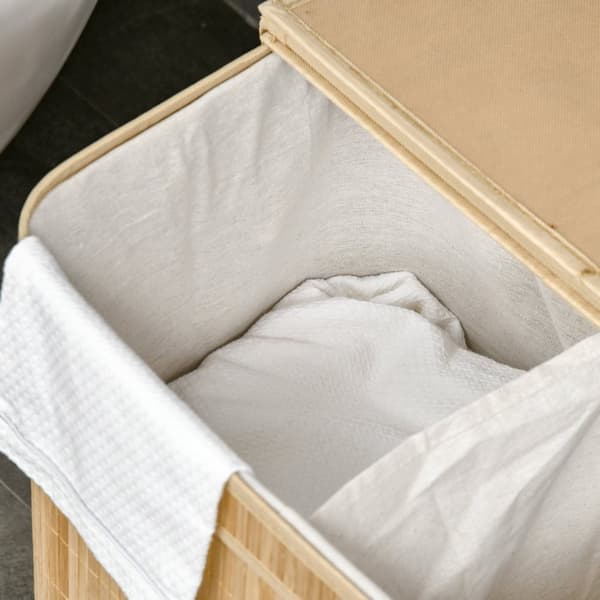 Bambus vasketøjskurv med låg og håndtag, 90 liters kapacitet med 2 sektioner og en aftagelig stofpose - 54,2 x 35,2 x 59,5 cm