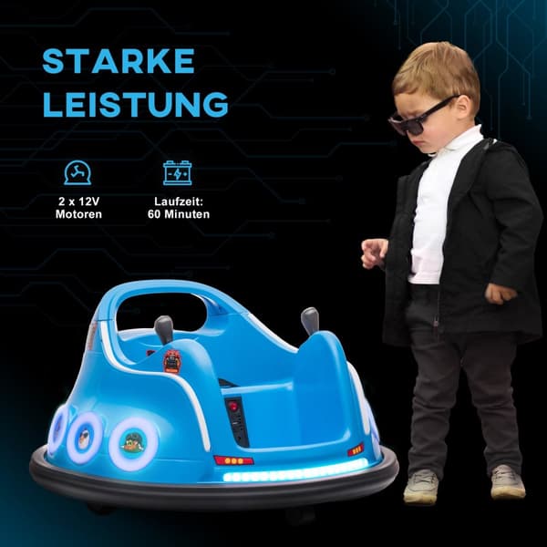 12V barnbil med 2,4 G fjärrkontroll, elektrisk stötfångare med musik och ljus, 1,5-3 km/h, barnelbil med 360° rotation, för barn 3-5 år, blå