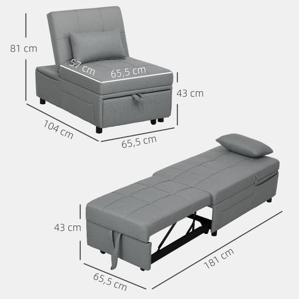 3-i-1 sovesofa med sengefunktion, udtrækssovesofa, sovestol med sidelomme, justerbart ryglæn, bæreevne op til 150 kg, til stue, soveværelse, lysegrå