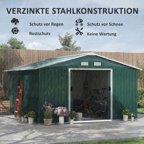 Työkaluvaja 12,4 m², puutarhakatto, liukuovi, perustus, 340 x 386 x 200 cm, työkaluvaja galvanoitua terästä, säänkestävä, puutarhaan, tummanvihreä