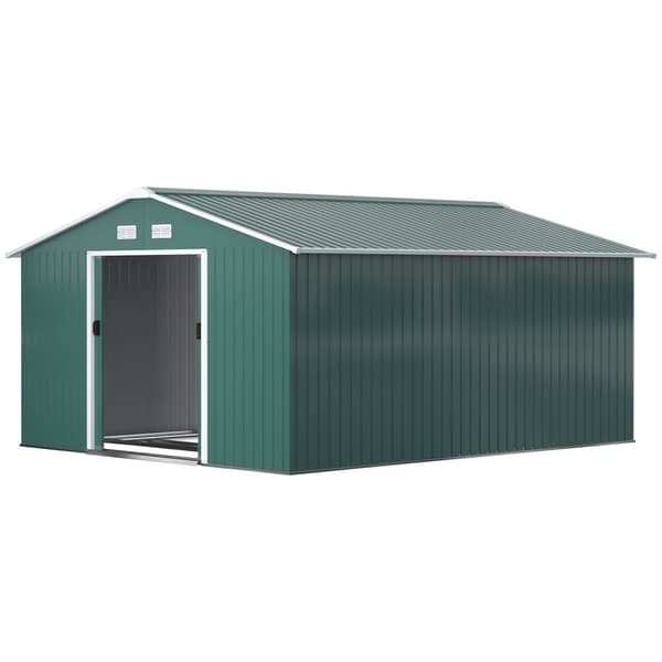 Værktøjsskur 12,4 m², haveskur med pulttag, skydedør, fundament, 340 x 386 x 200 cm, redskabsskur af galvaniseret stål, vejrbestandig, til have, mørke