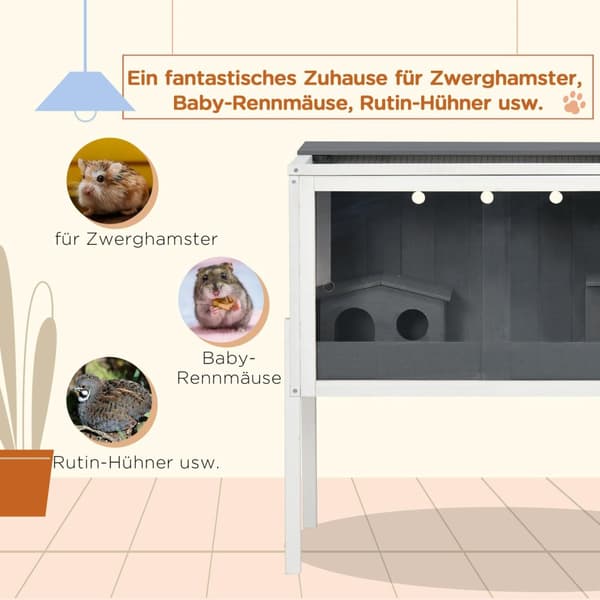 Hamsterbur i tre for dverghamstere, gnagerbur, smådyrbur med 2 hytter og tilbehør, stort musebur, 82 x 45 x 81 cm, grått