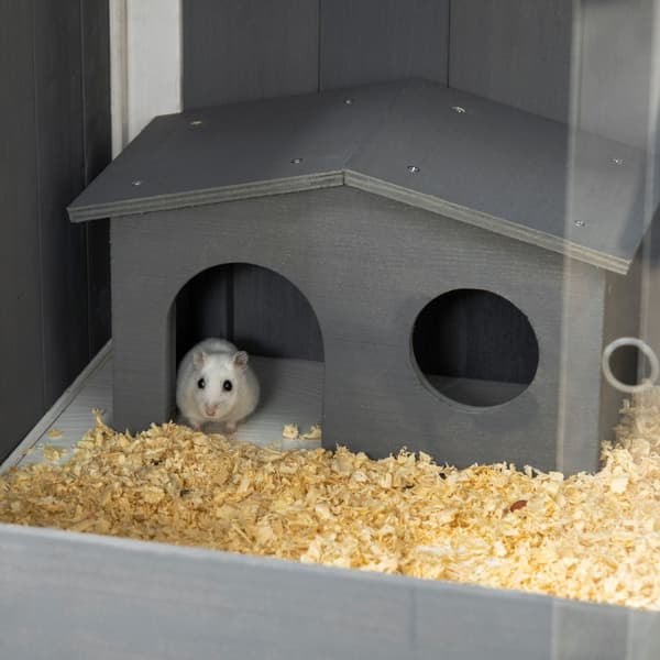 Hamsterbur i tre for dverghamstere, gnagerbur, smådyrbur med 2 hytter og tilbehør, stort musebur, 82 x 45 x 81 cm, grått